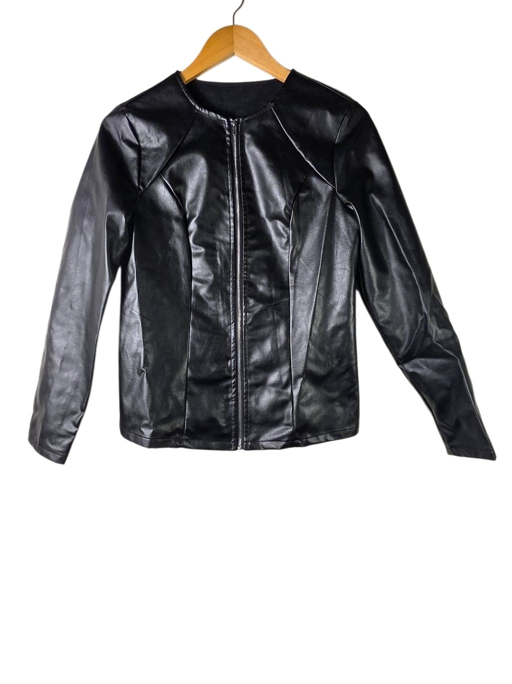 Shein Black Faux Leather Zip Front Jacket S